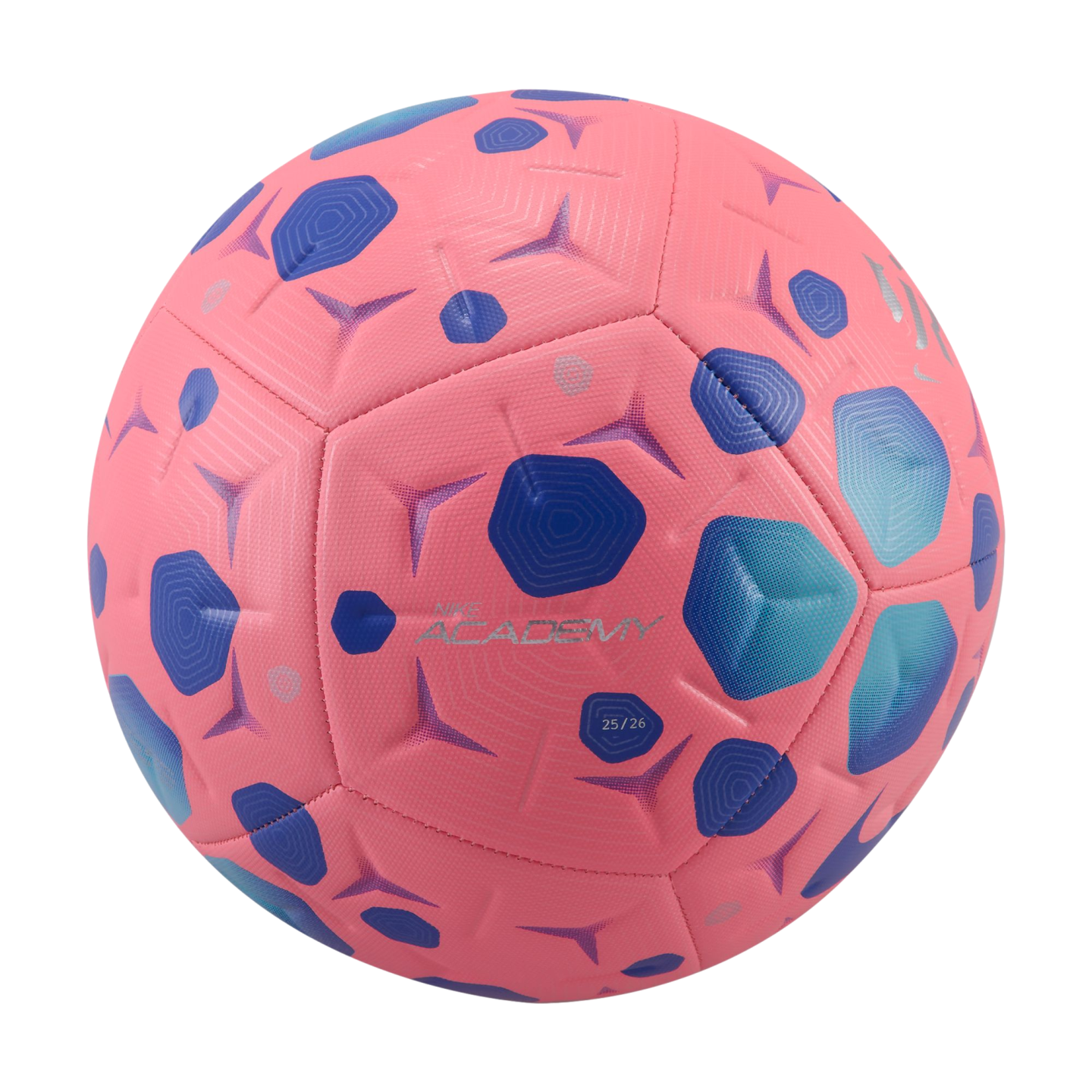 Pink Nike Academy soccer ball featuring blue and teal geometric shapes and grooved textures, centered on a black background.