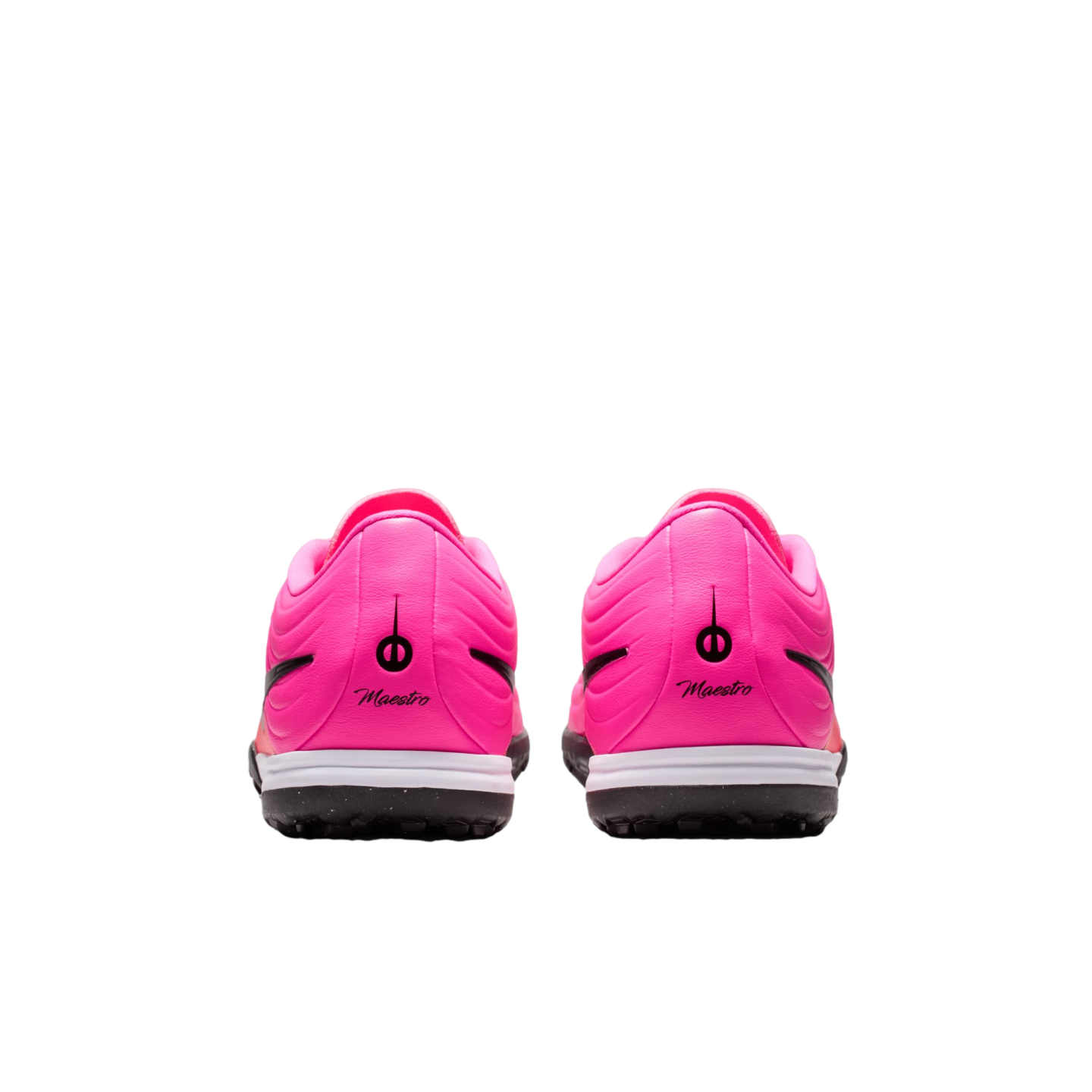 Rear view of two vibrant pink soccer shoes with black "Maestro" branding on the heels and black soles, centered on a white background.