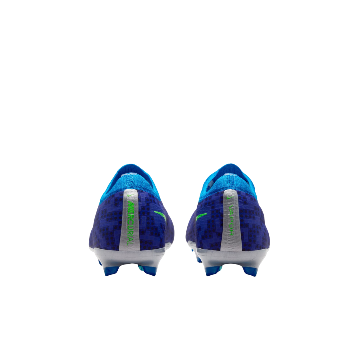Rear view of blue and purple Nike Mercurial Vapor soccer cleats with silver heel strips and green accents, against a white background.