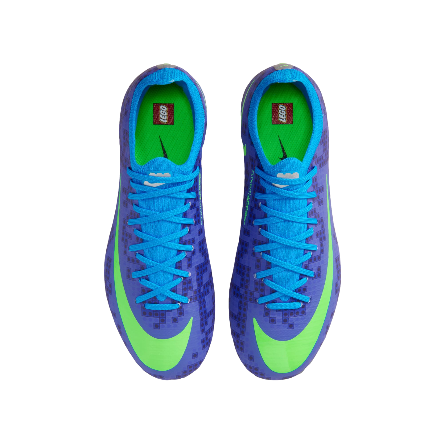 Overhead view of purple and blue Nike soccer cleats with a subtle LEGO brick pattern, lime green swooshes, and LEGO logos on the bright green insoles.
