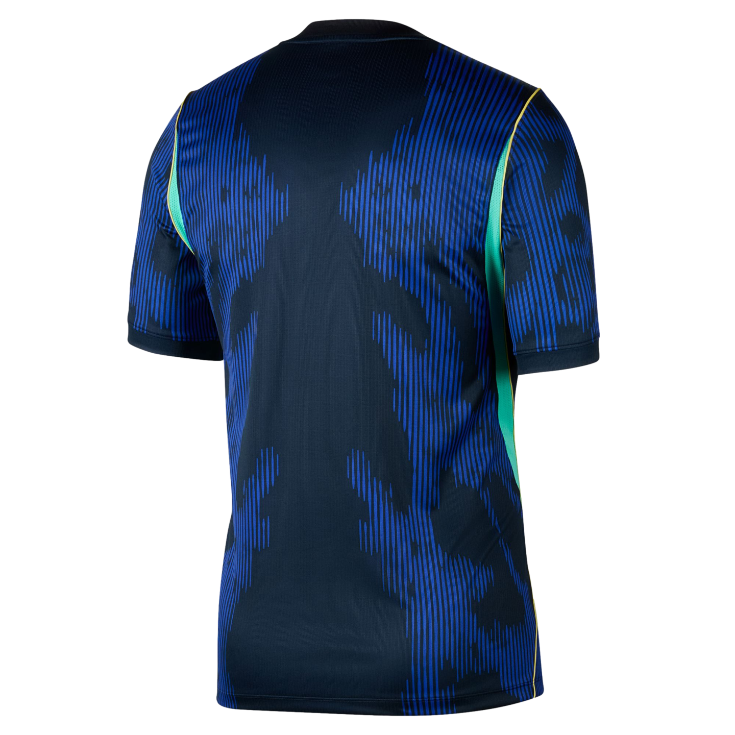 Back view of a navy blue short-sleeved jersey with a blue vertical-striped pattern and bright green side accents with yellow trim against a black background.