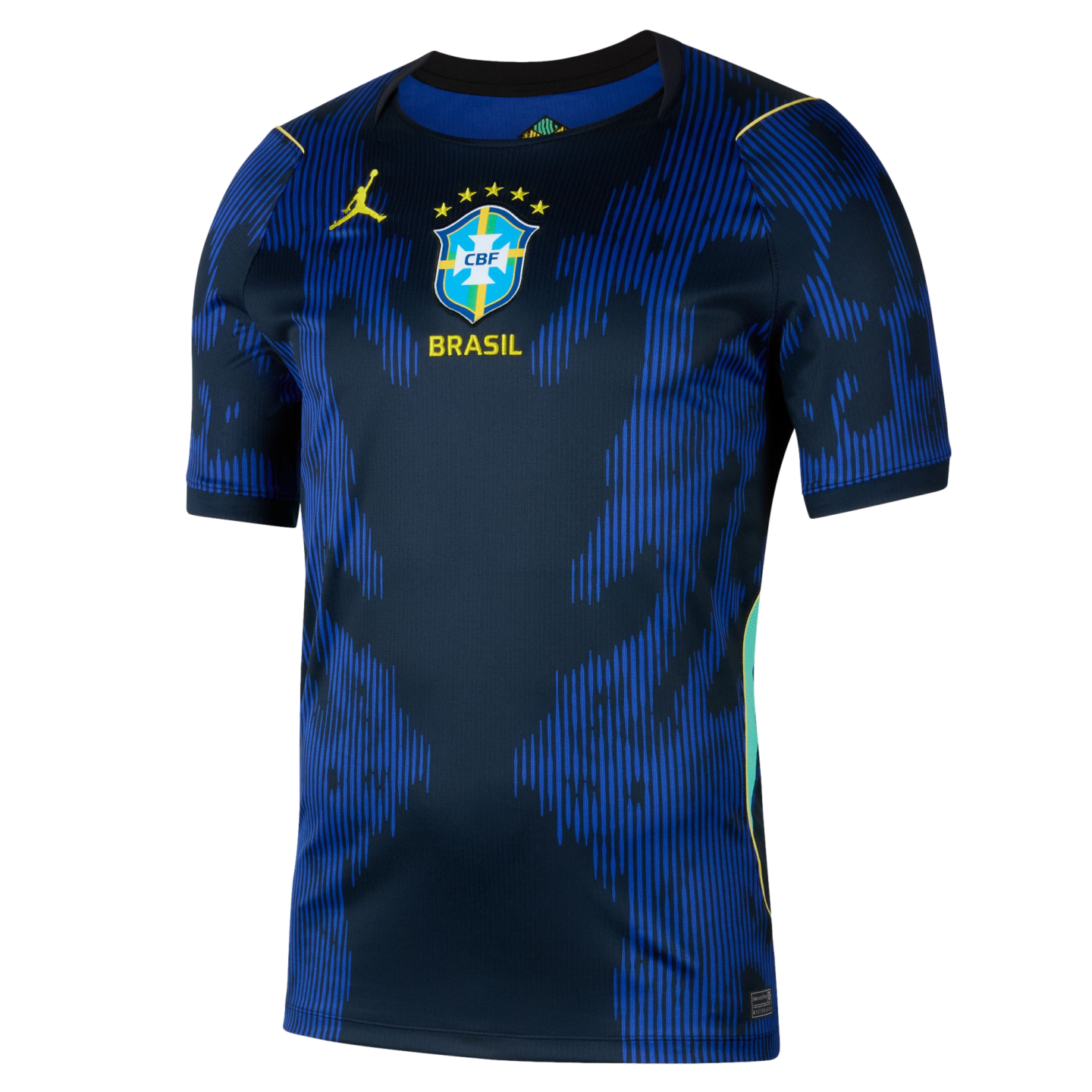 Dark blue Brazil football jersey with a vibrant blue vertical line pattern, a yellow Jordan logo, and a centered CBF crest with 'BRASIL' text.