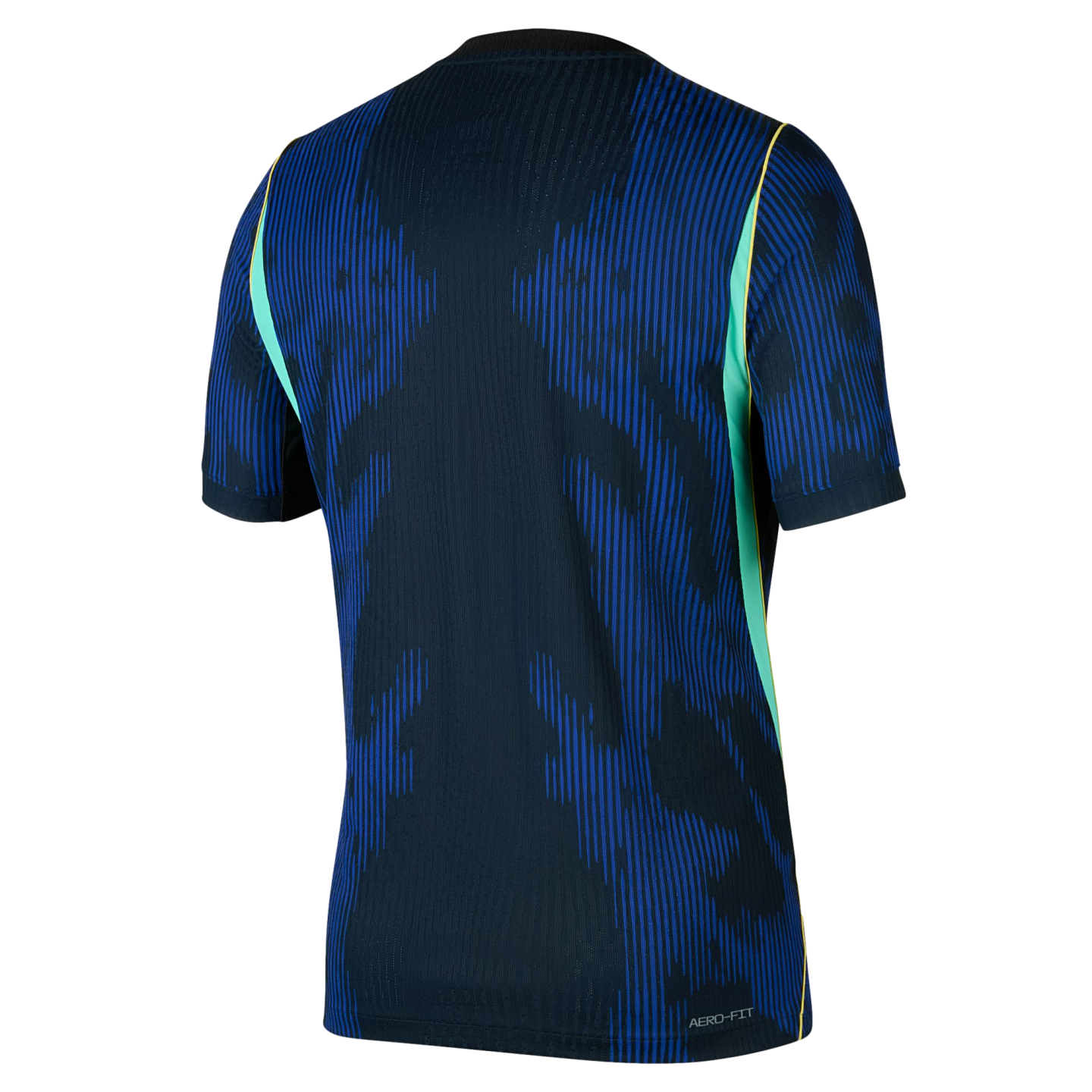 Back view of a navy blue athletic jersey with royal blue pinstripe patterns and lime green side accents.