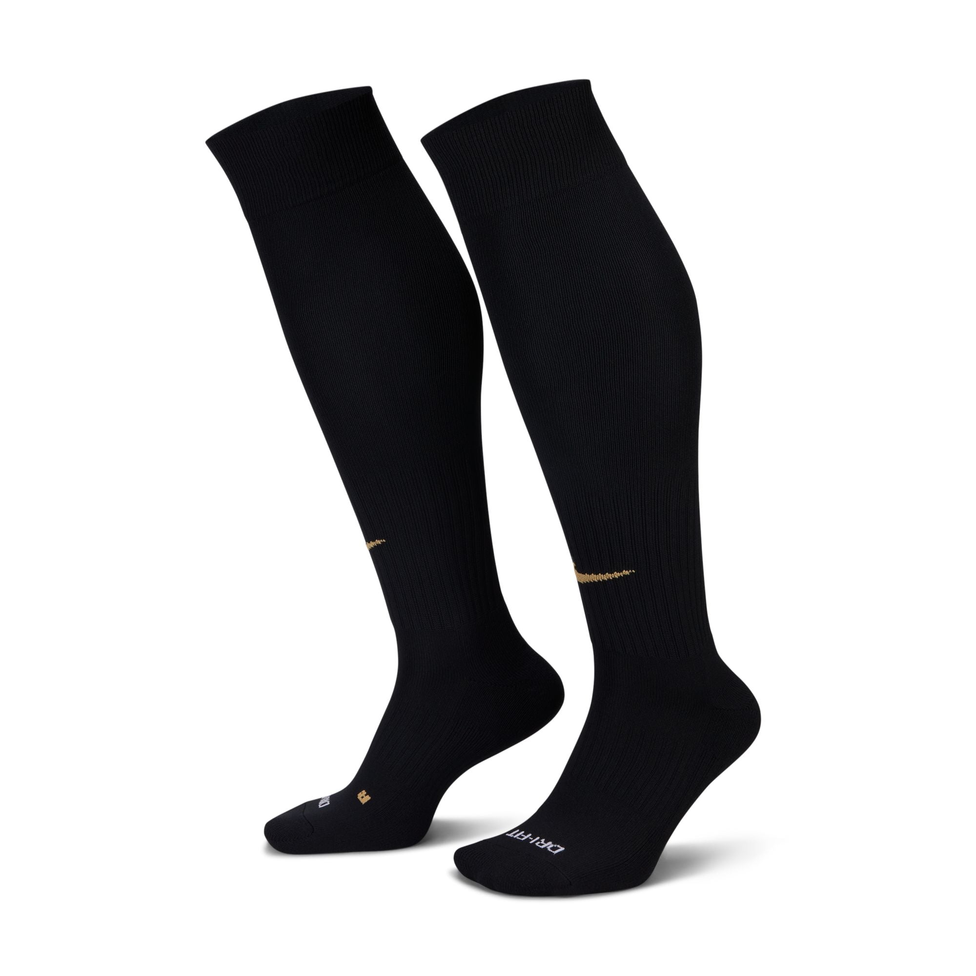 A pair of black knee-high athletic socks displayed on a white background, featuring a small gold logo on the shin and white "DRI-FIT" lettering near the toes.