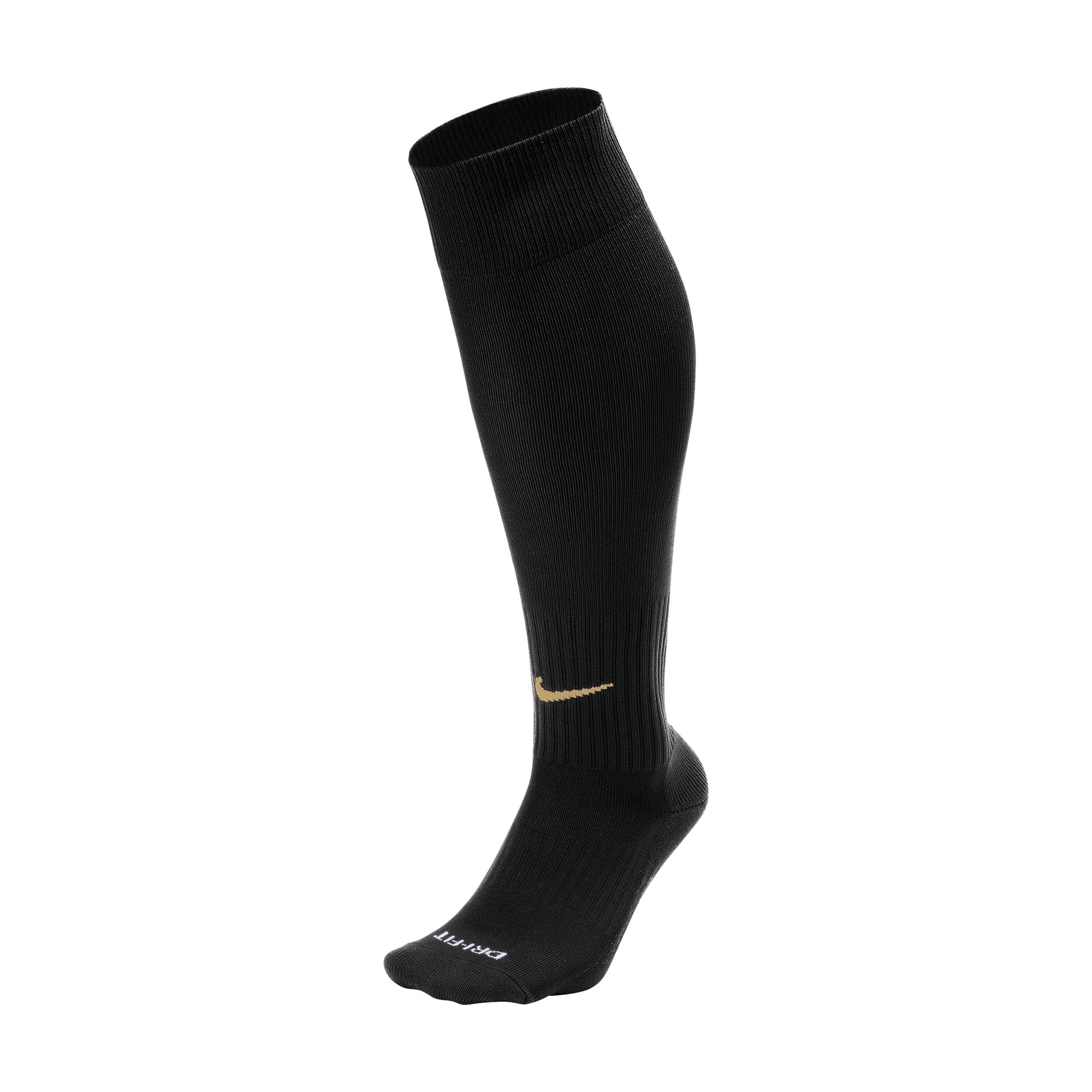 A single black knee-high Nike athletic sock featuring a gold swoosh logo on the ankle and white "DRI-FIT" text across the toe area, displayed against a white background.