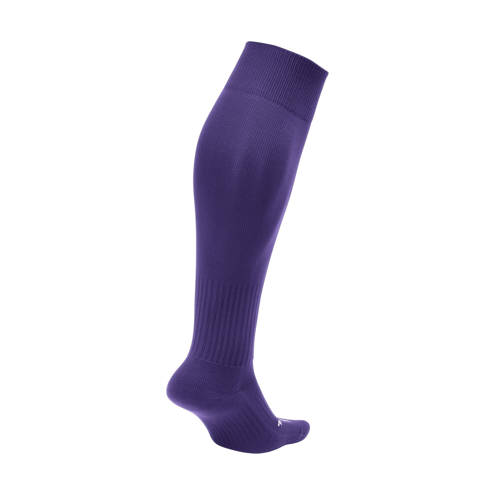 A long purple athletic sock with a ribbed top cuff and ankle support, displayed in a leg-shaped form.