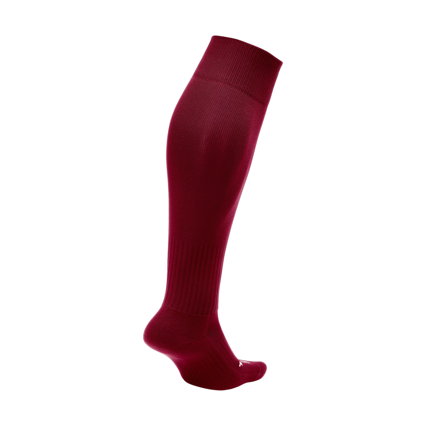 A single maroon knee-high athletic sock with ribbed cuffs and ankle support, shown from a side profile against a solid black background.