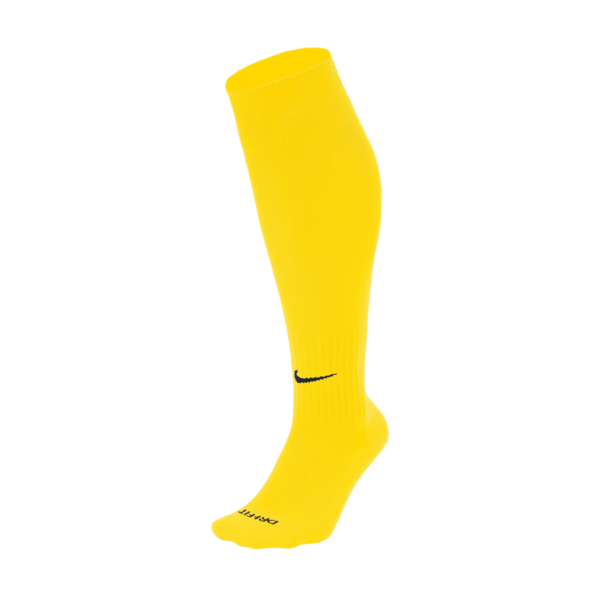 A bright yellow knee-high Nike athletic sock with a black swoosh on the lower leg and "DRI-FIT" printed on the toe, shown against a plain white background.