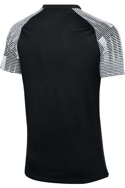 Back view of a black short-sleeve athletic jersey with black-and-white striped raglan sleeves.