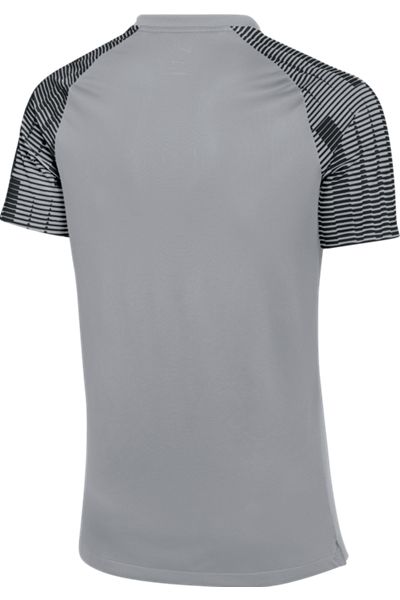 Back view of a grey short-sleeved athletic jersey with black horizontal stripes on the sleeves.