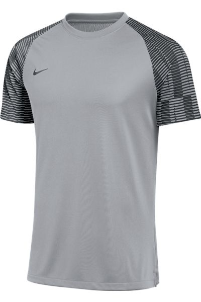 A grey Nike short-sleeve athletic shirt with a round neck and raglan-style sleeves featuring a black and grey striped pattern.