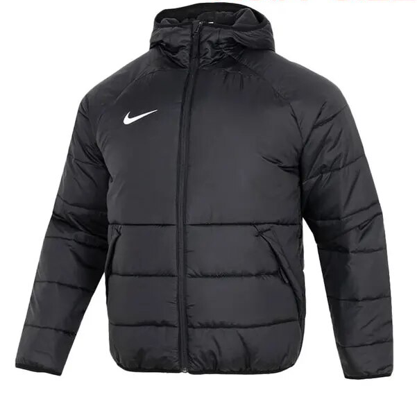 Black Nike hooded puffer jacket with a white swoosh logo and full-zip front.