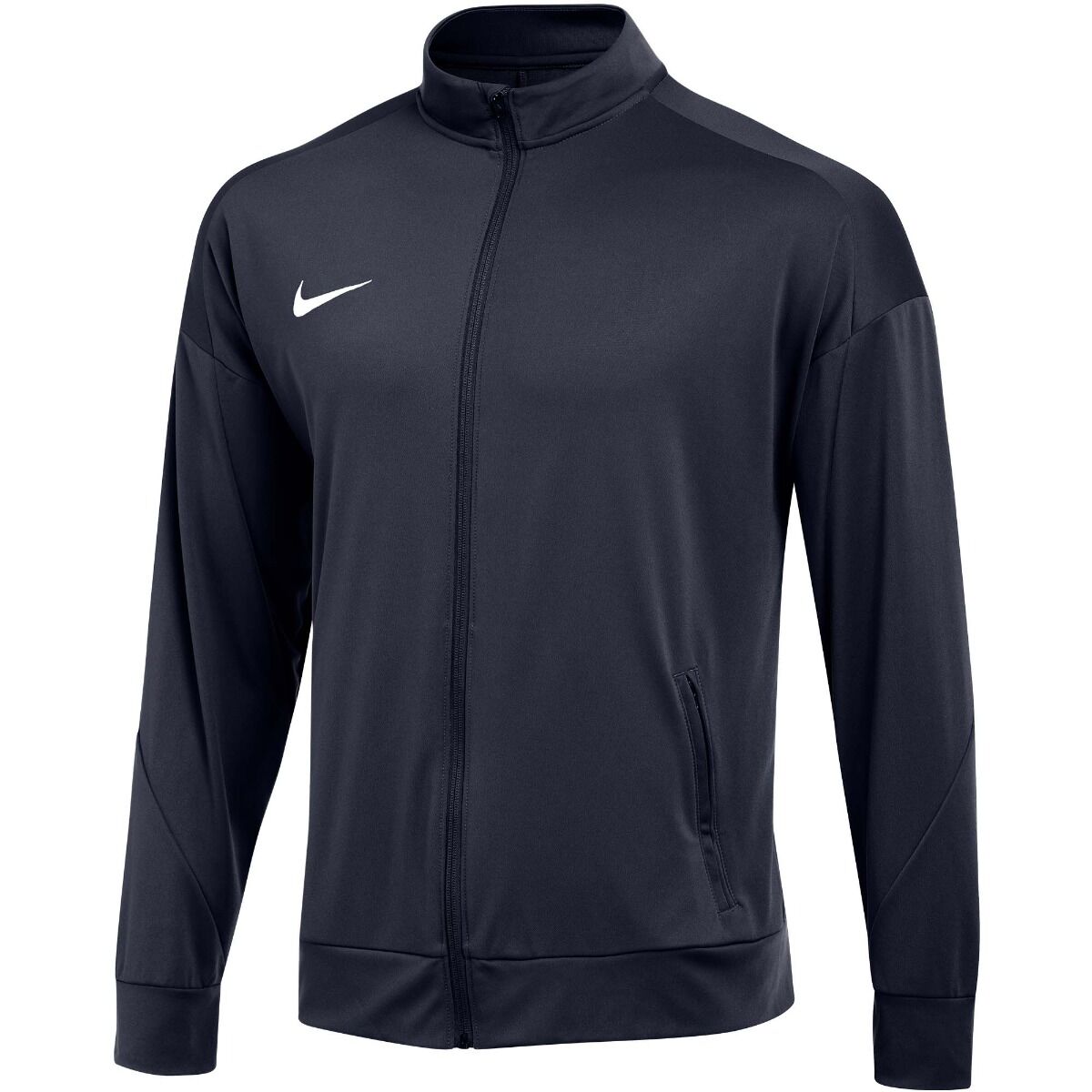 Navy blue Nike full-zip track jacket featuring a white swoosh logo on the chest, a mock neck, and side pockets.