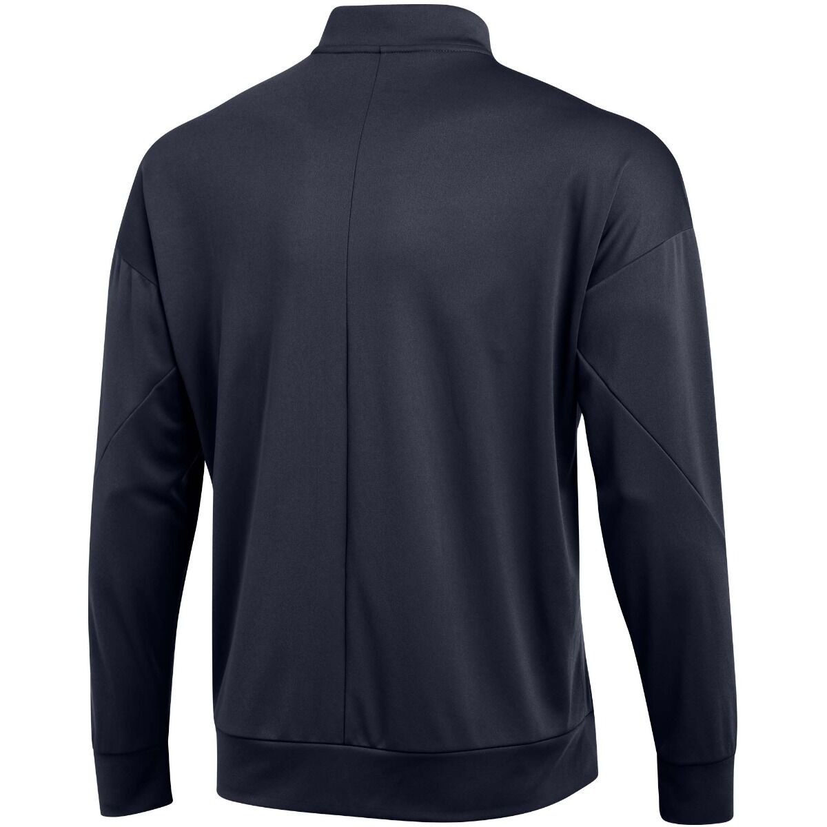Back view of a navy blue athletic zip-up jacket with a high collar, a vertical center seam, and diagonal sleeve panels.