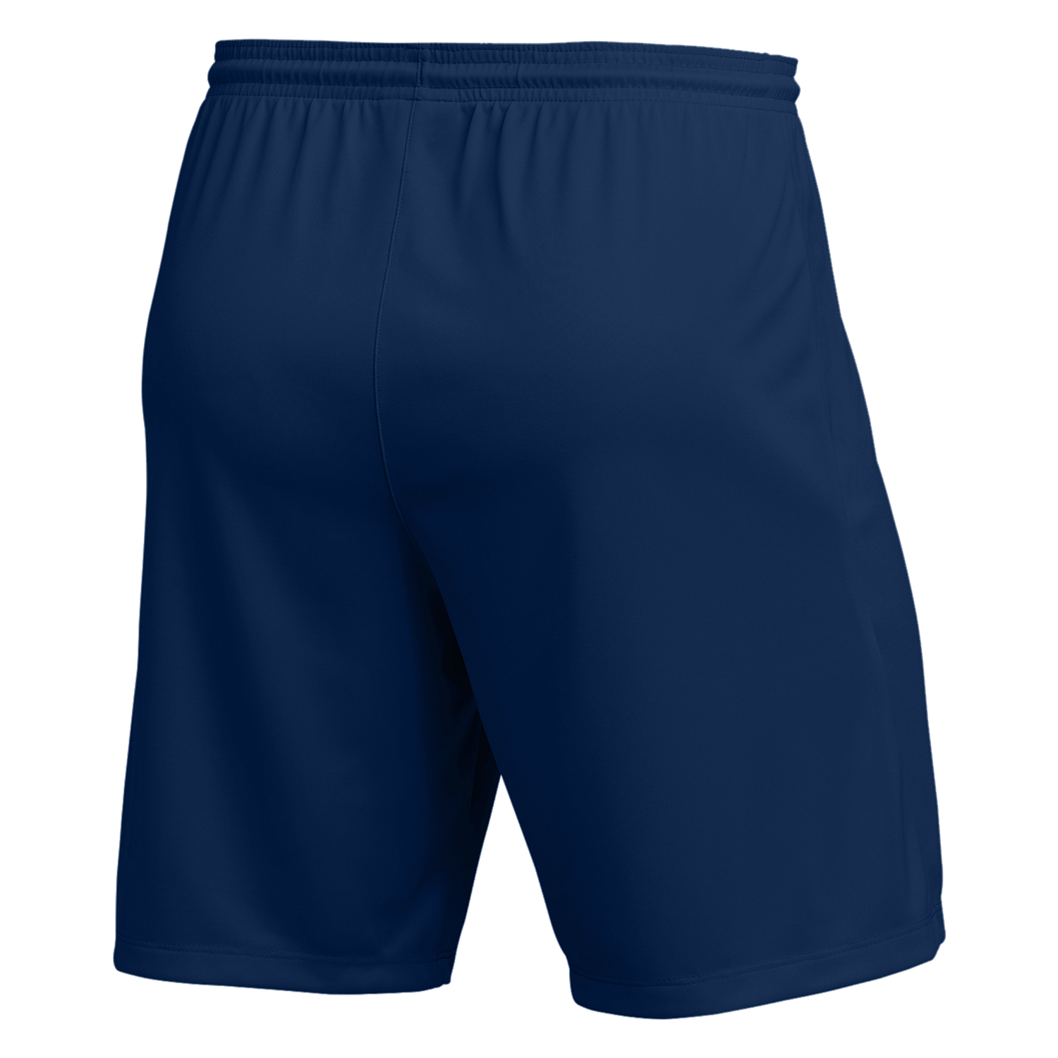 Rear three-quarter view of dark blue athletic shorts with an elastic waistband.