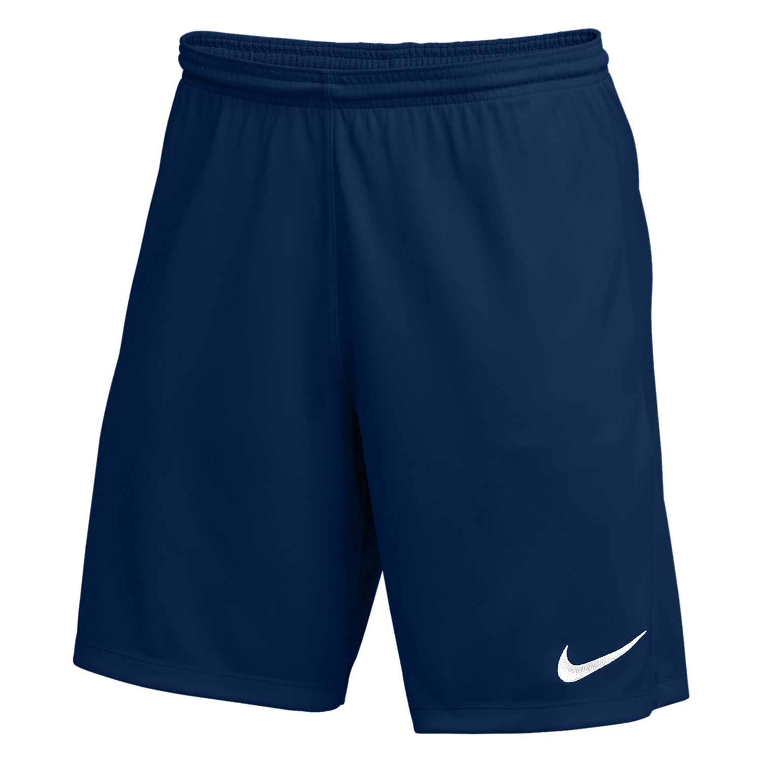 A pair of navy blue Nike athletic shorts featuring an elastic waistband and a white swoosh logo on the lower left leg.