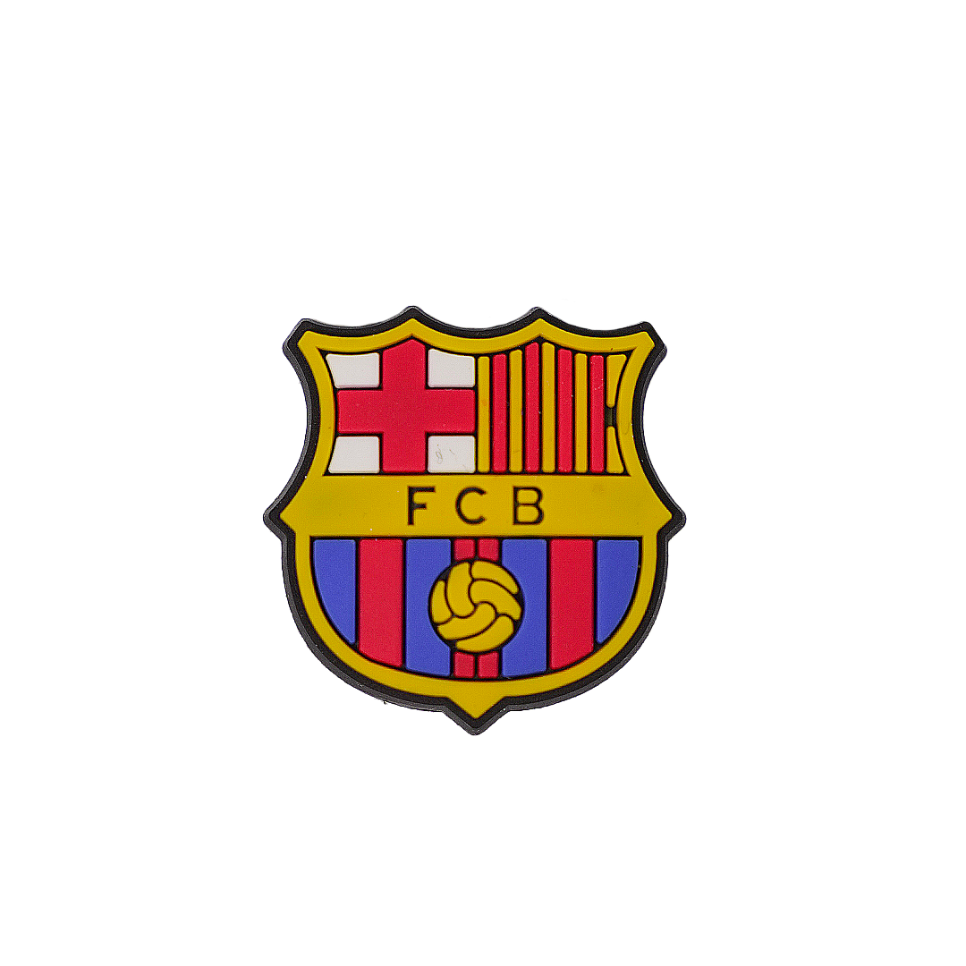 A crest-shaped Soccer Croc Charm featuring the FC Barcelona logo with its traditional red, blue, and yellow colors.