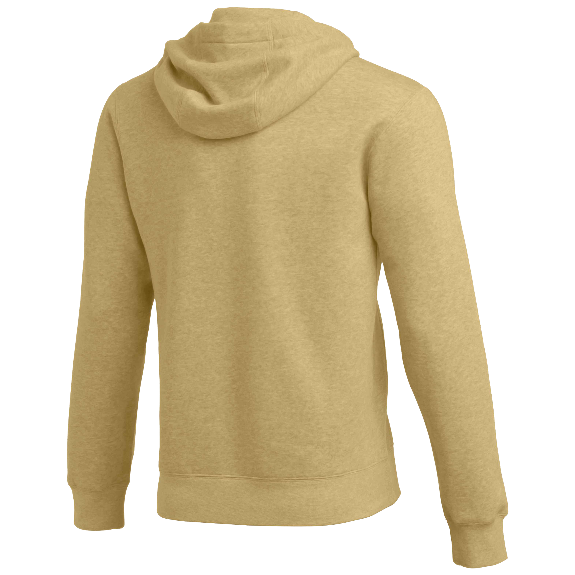 Back view of a light tan, long-sleeved hooded sweatshirt with ribbed cuffs and hem.