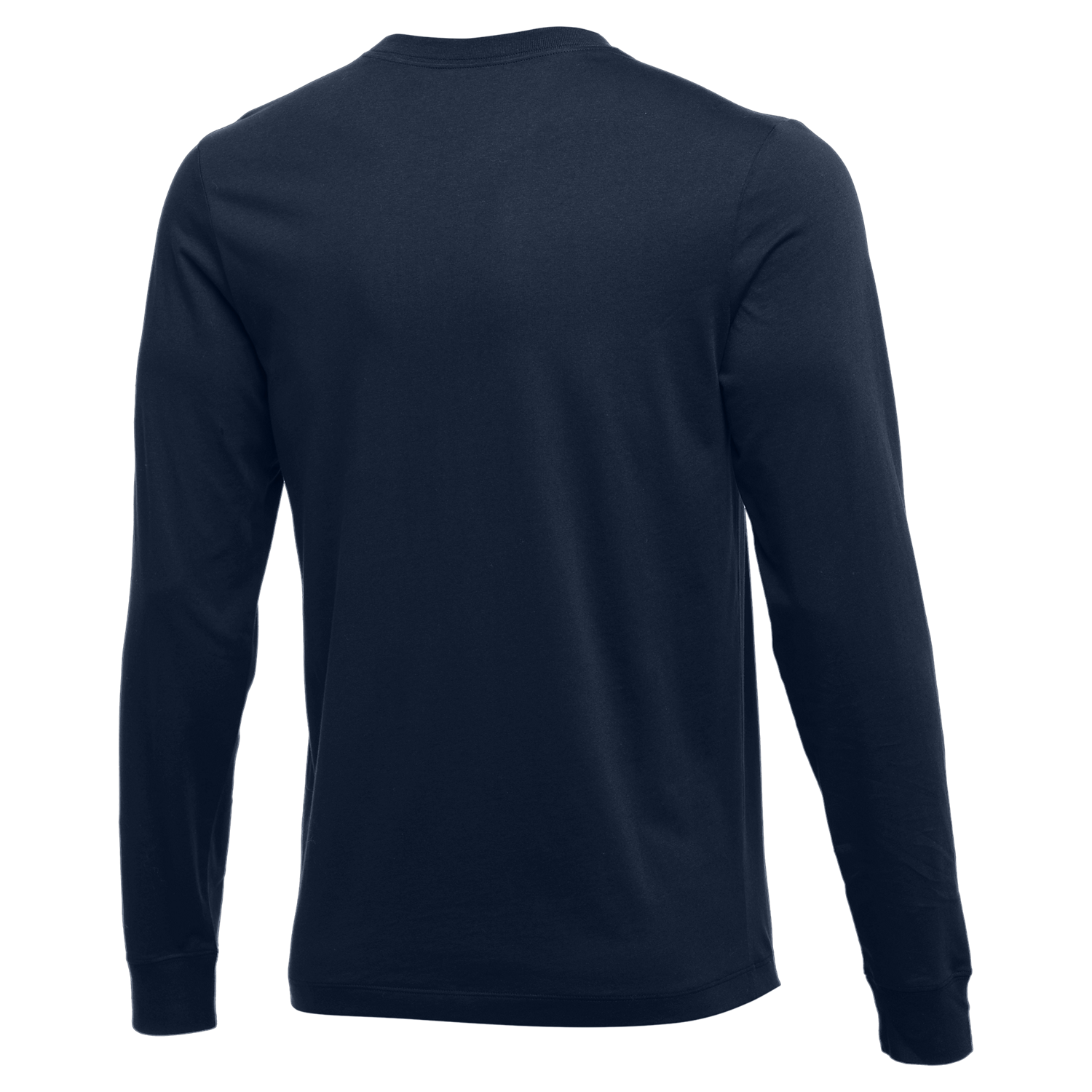 Back view of a navy blue long-sleeved shirt with ribbed cuffs and a crew neckline, displayed against a white background.