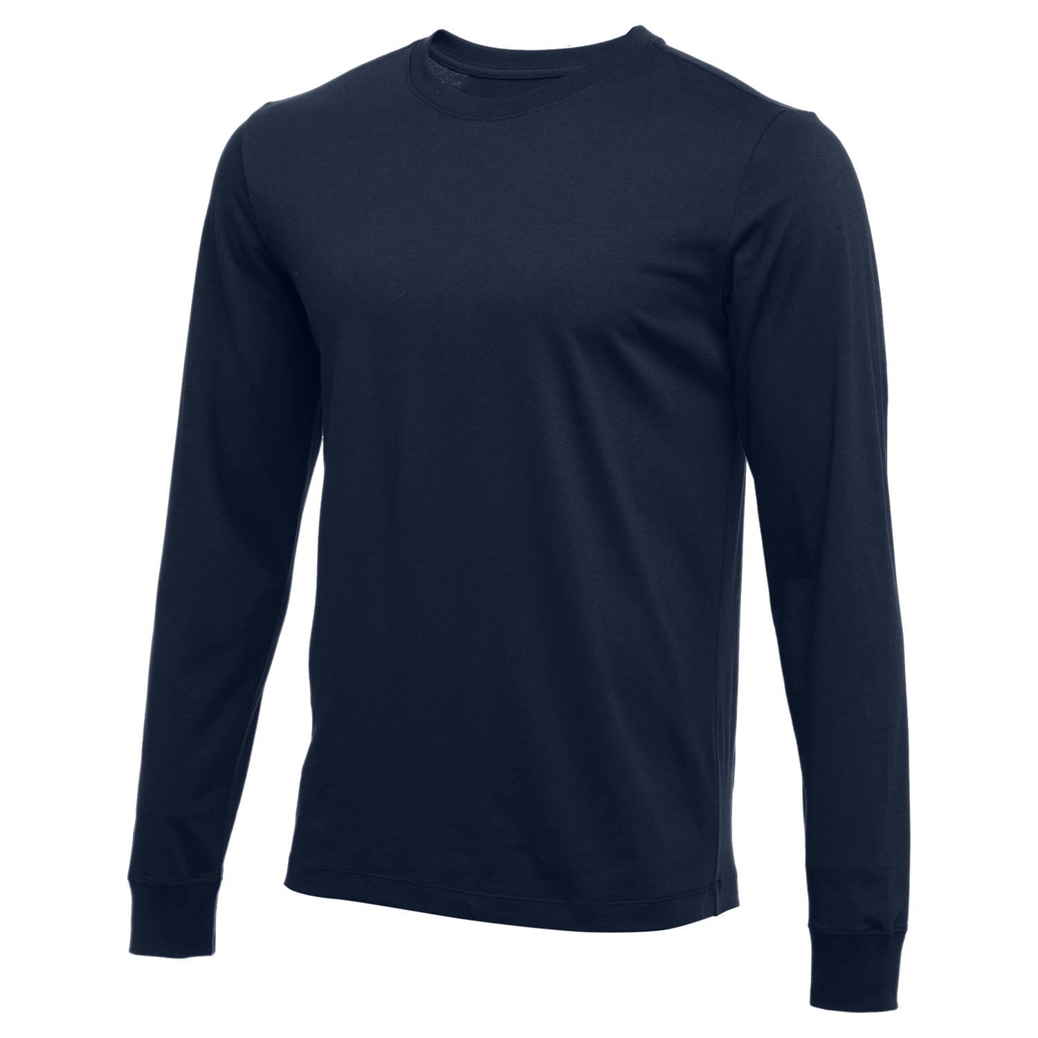 A navy blue long-sleeved crew neck t-shirt with ribbed cuffs, shown at a slight angle on a white background.