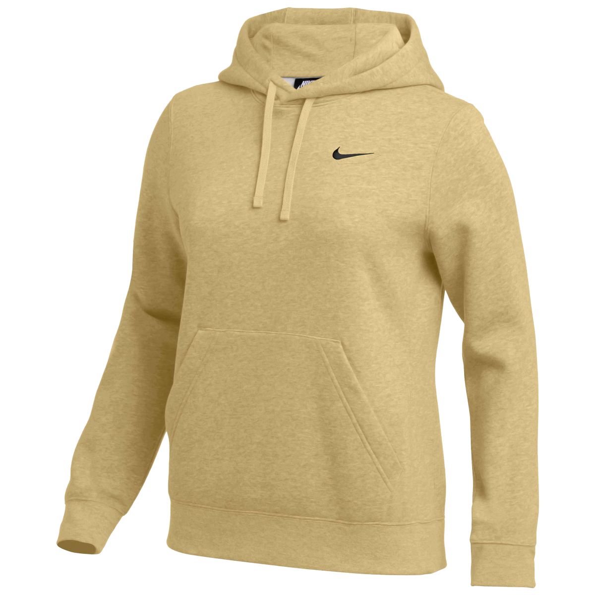 A heathered gold-colored Nike hoodie featuring a hood with drawstrings, a front kangaroo pocket, and a small black swoosh logo on the left chest.
