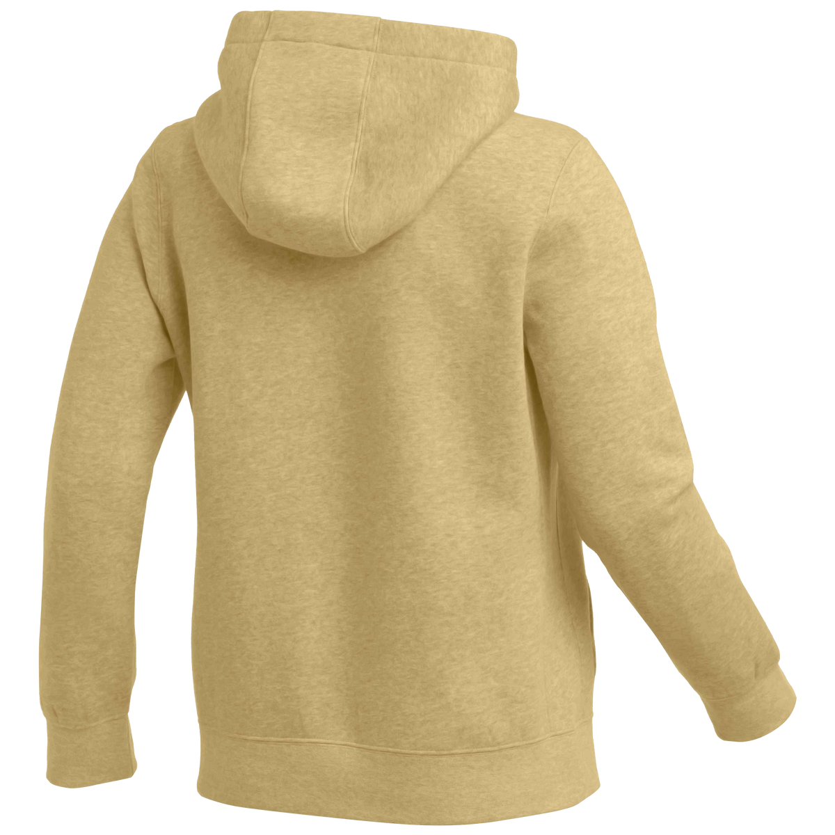 Rear view of a tan heathered hoodie featuring long sleeves, a hood, and ribbed waistband and cuffs.