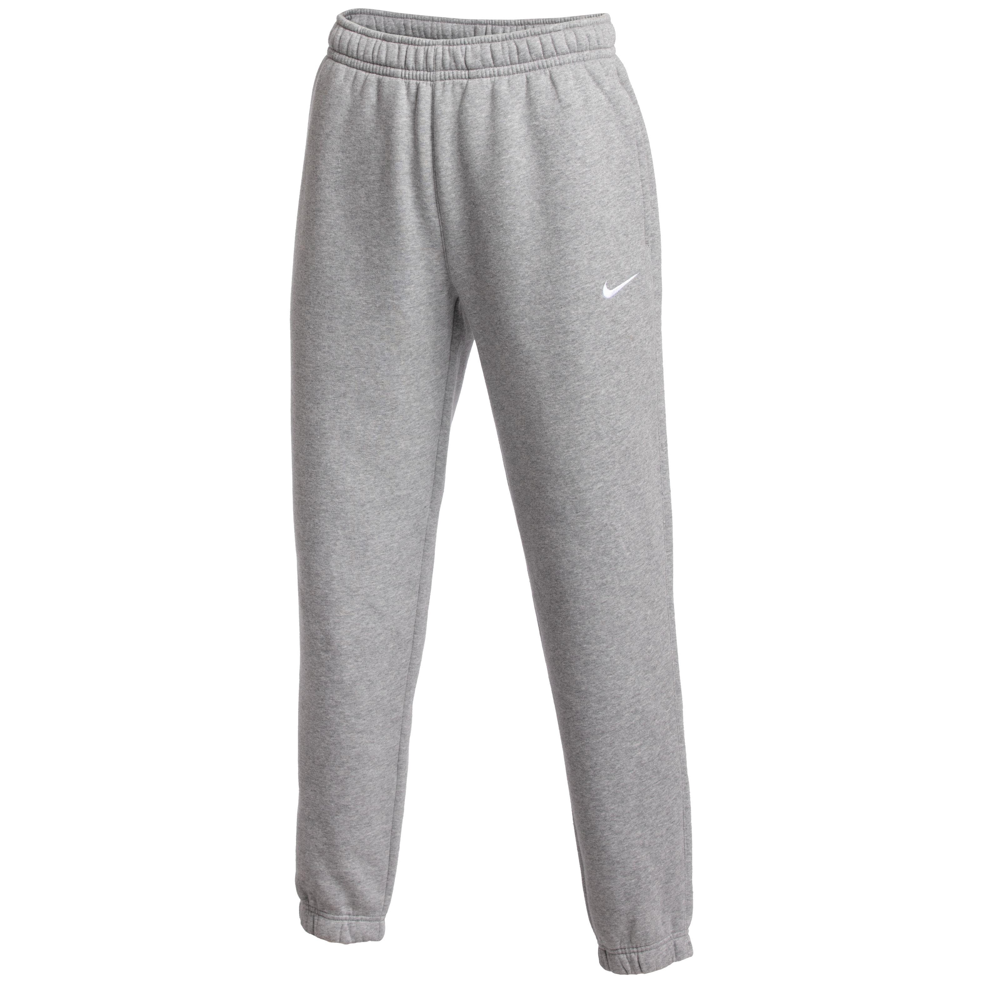 A pair of light grey Nike sweatpants featuring an elastic waistband and cuffs, with a small white Nike swoosh logo on the left thigh.