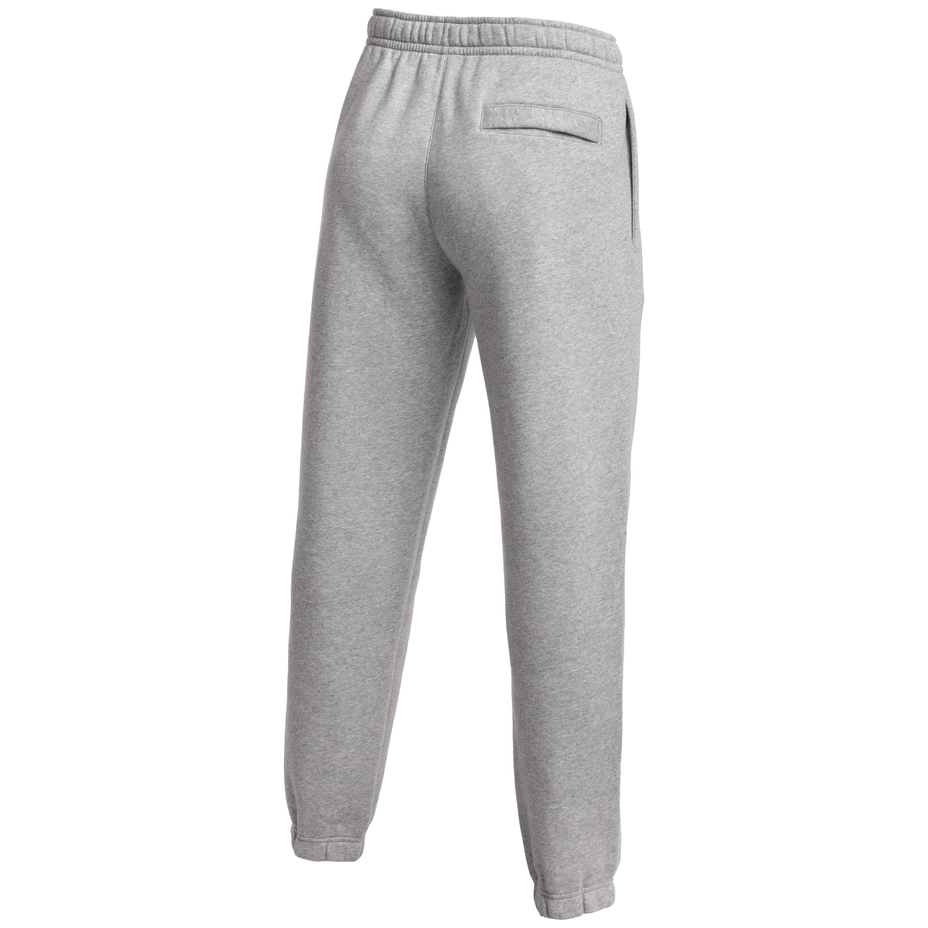 Rear view of light grey joggers with an elastic waistband, a single back welt pocket, and elasticized ankle cuffs.