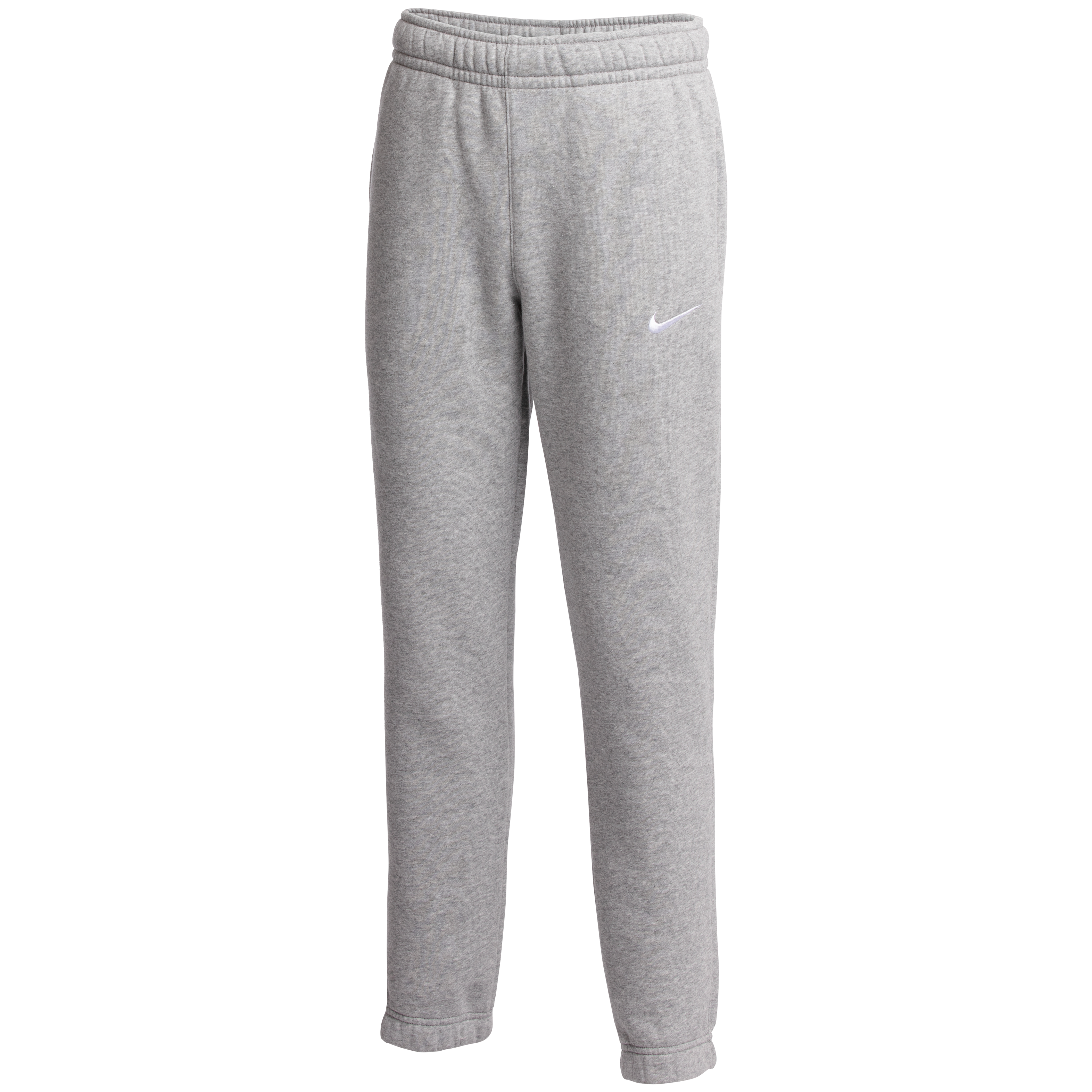 A pair of light gray Nike sweatpants with an elastic waistband and a white swoosh logo on the left leg.
