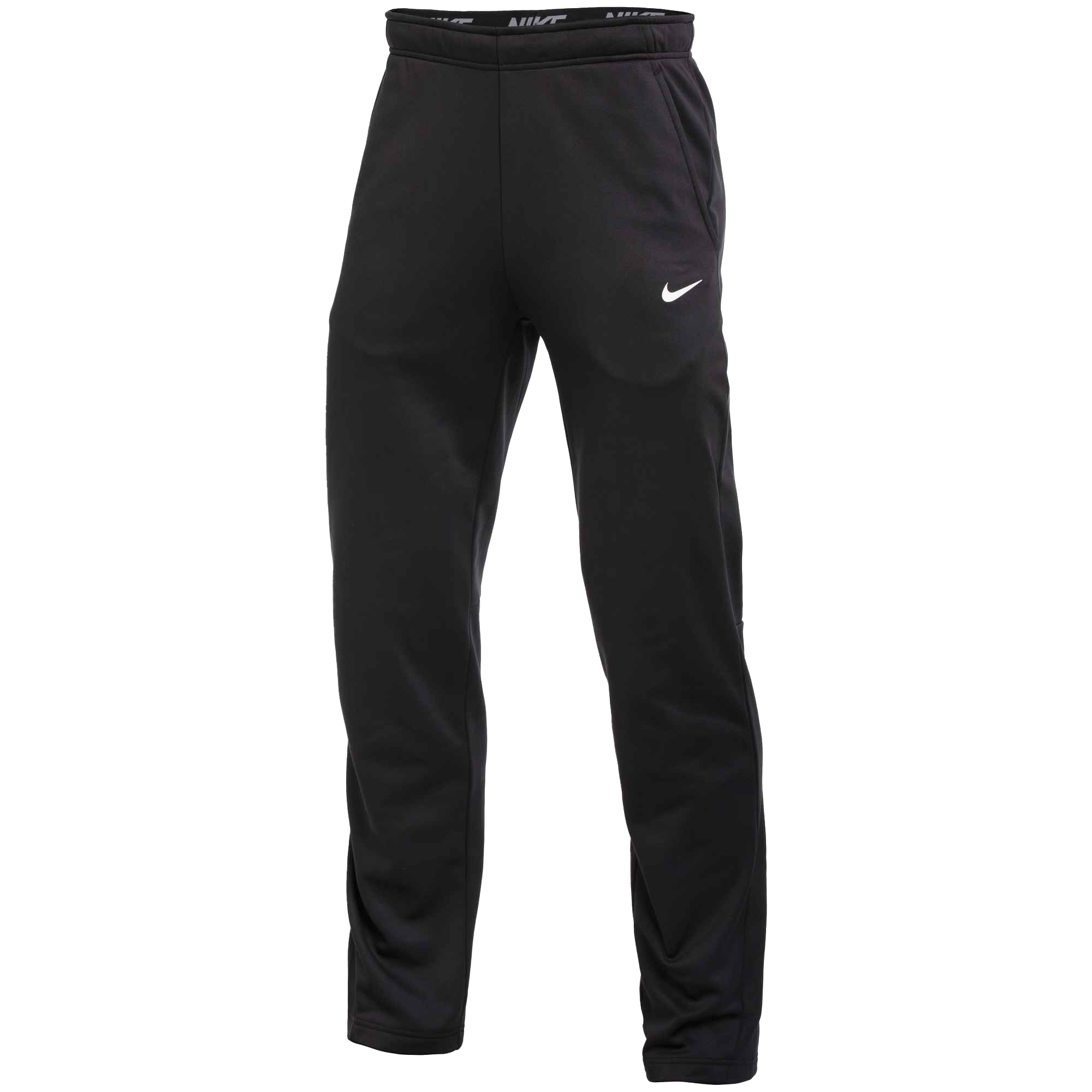 Black Nike athletic pants with a white swoosh logo on the left thigh and a branded waistband.