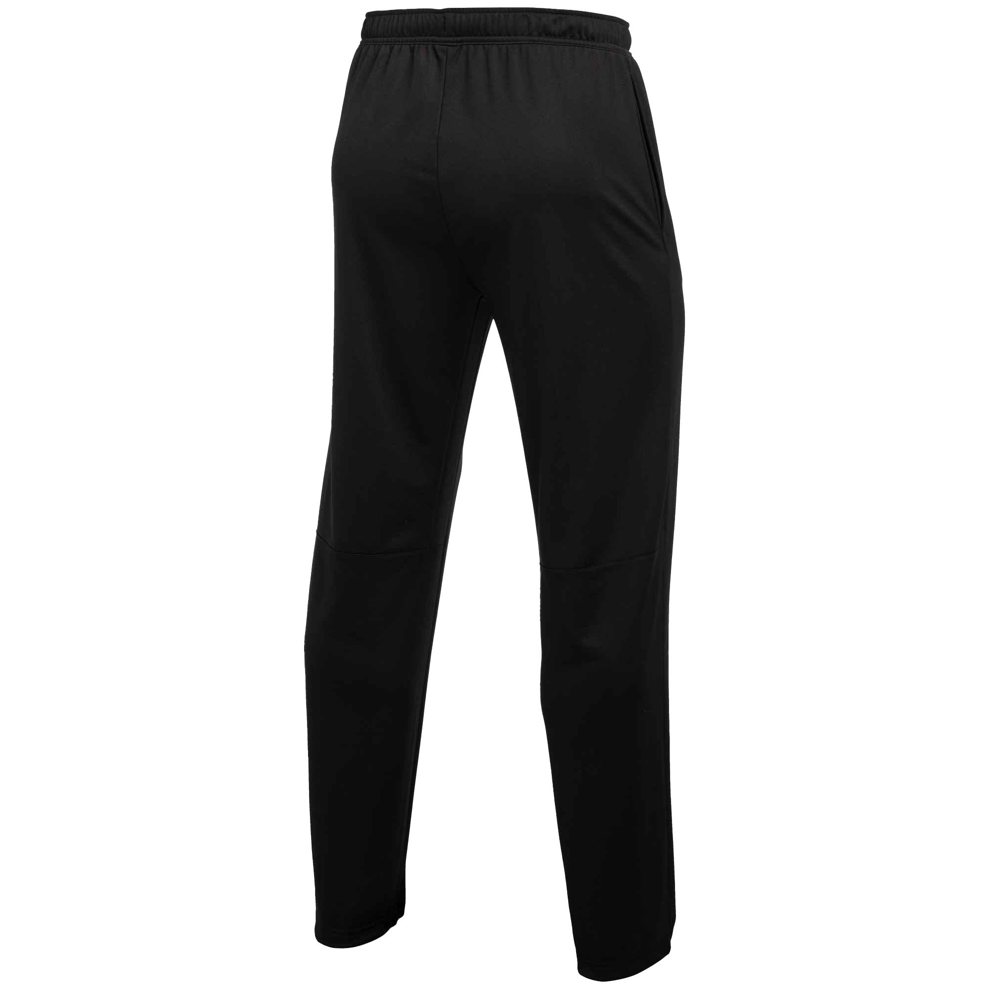 A rear view of black athletic training pants featuring an elastic waistband, side pockets, and tapered legs with horizontal seams above the knees.