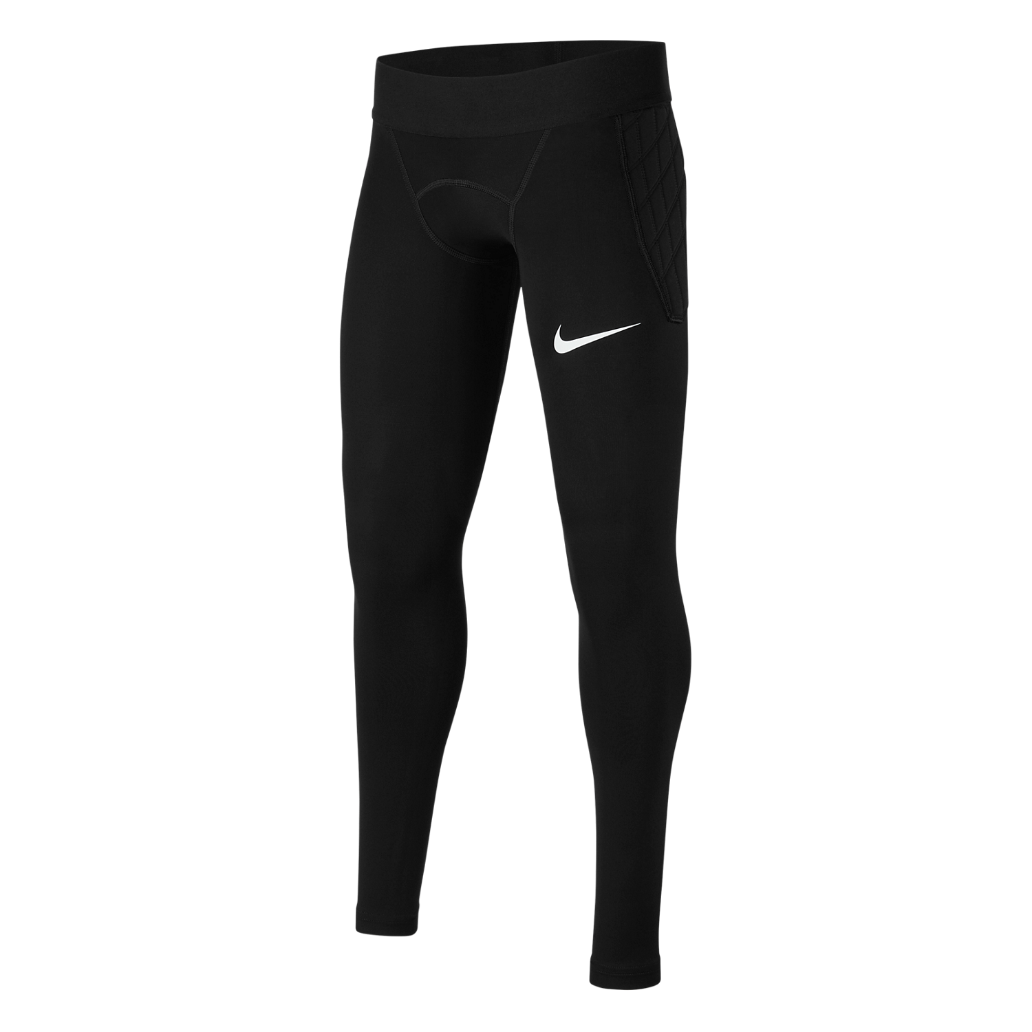 Full-length black Nike compression tights featuring a white swoosh on the left thigh and quilted padding on the outer hip.