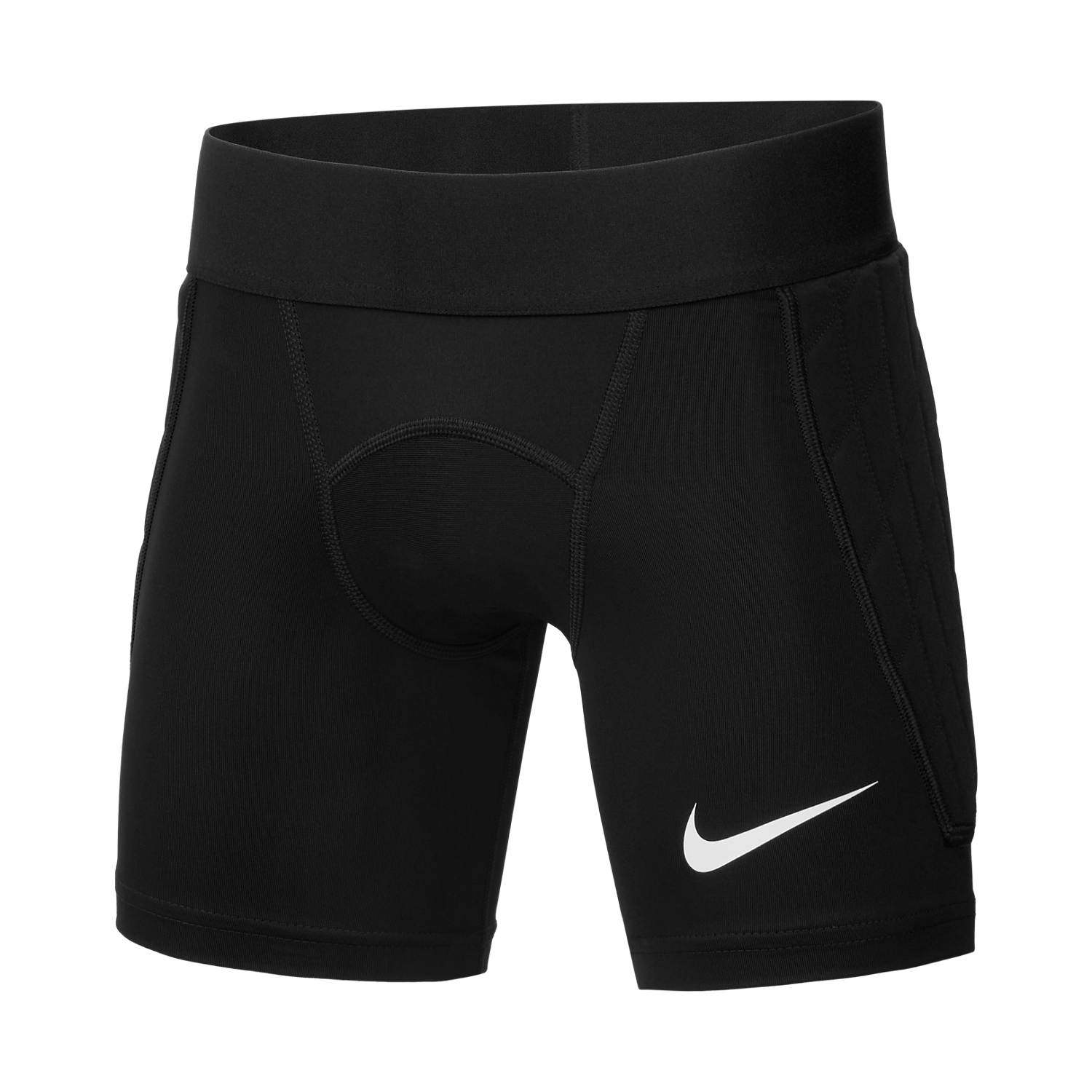 Black Nike athletic compression shorts featuring padded outer hip panels and a white Swoosh logo on the left leg.