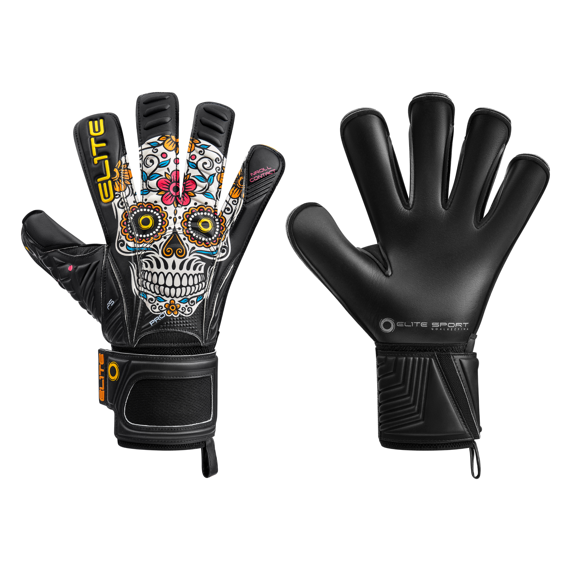 Elite Sport goalkeeper gloves. The back features a colorful sugar skull graphic on a black base, while the palm is solid black with a silver brand logo.