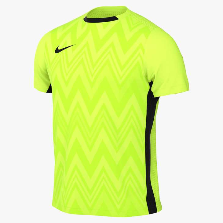 Neon yellow Nike jersey with a zigzag pattern, black collar detail, side stripes, and swoosh logo.