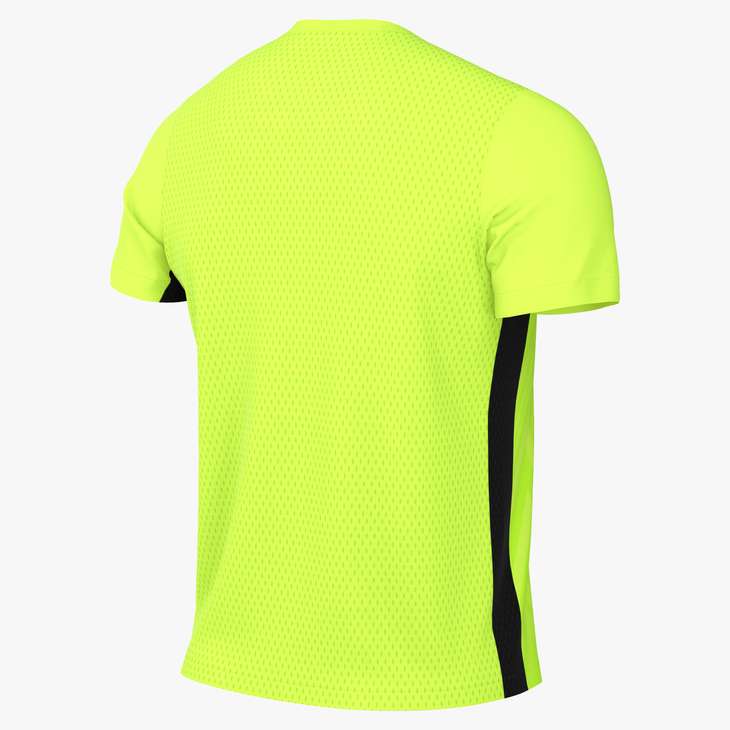 Rear view of a neon yellow short-sleeve athletic t-shirt with a breathable mesh back and a black side stripe.