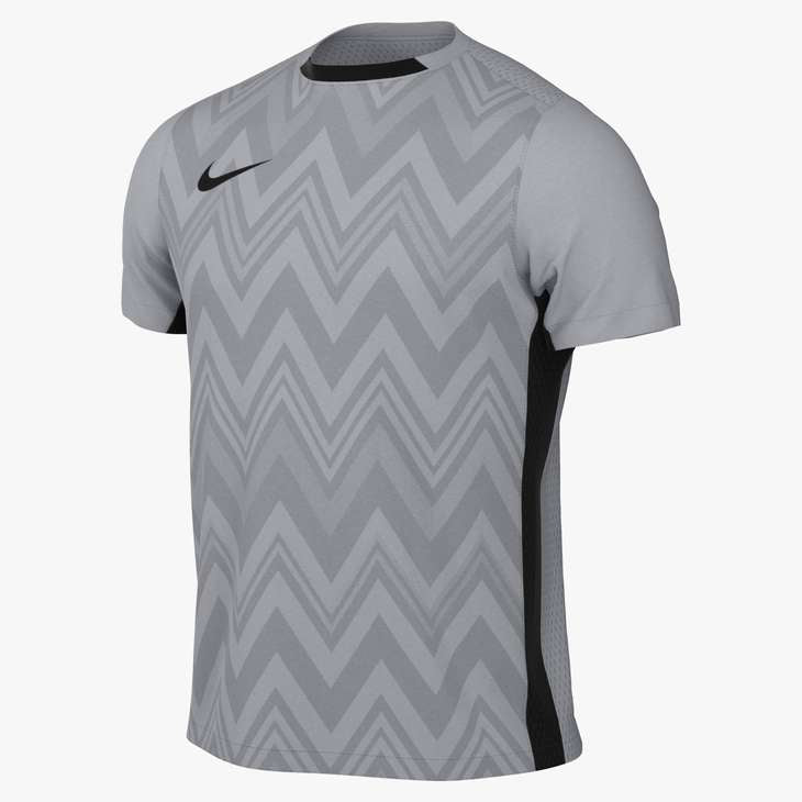 Grey Nike short-sleeve athletic shirt featuring a dark grey zig-zag pattern on the torso, black side panels, and a black swoosh on the chest.