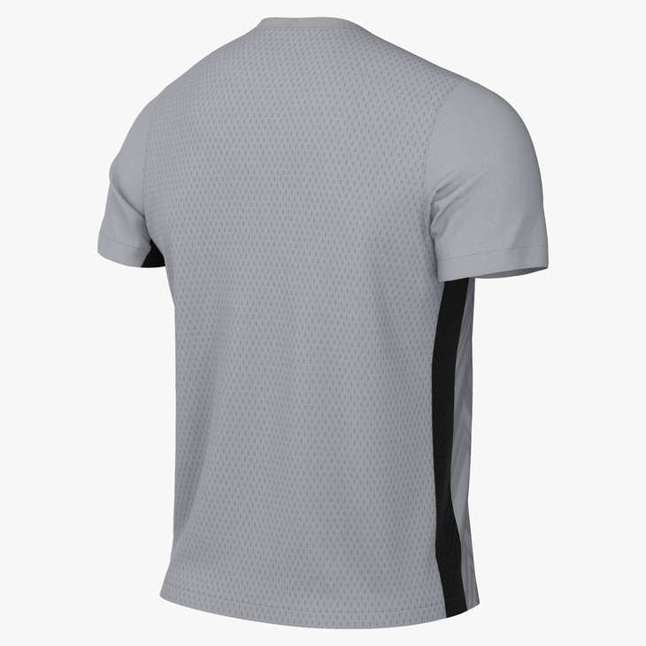 Back view of a grey short-sleeved athletic shirt with a perforated mesh texture and a vertical black stripe running down the side.