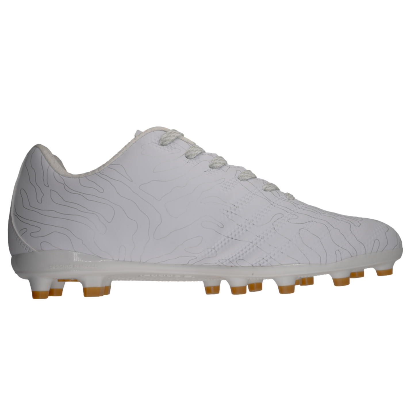 Side view of a white soccer cleat with a grey topographic line pattern, white laces, and a white soleplate with light brown studs.