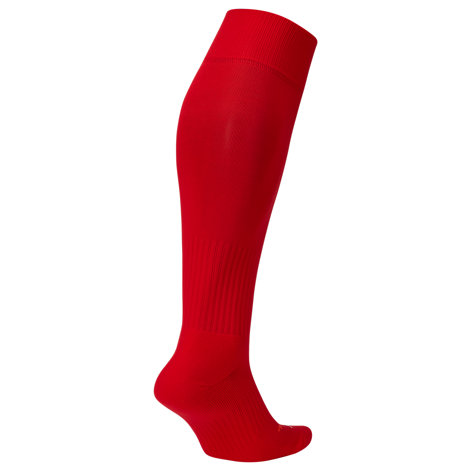 A single vibrant red knee-high athletic sock shown from a side profile against a white background.