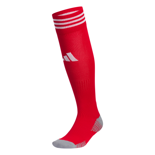 Red knee-high athletic sock with three white stripes at the top, white Adidas logo on the shin, and grey heel and toe accents.