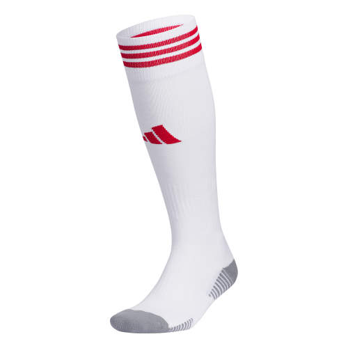 A white knee-high athletic sock with three red stripes at the top, a red Adidas logo on the shin, and grey reinforced toe and heel areas.