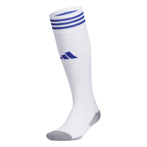 White knee-high Adidas soccer sock featuring three blue stripes at the cuff, a blue logo on the shin, and grey reinforced toe and heel.