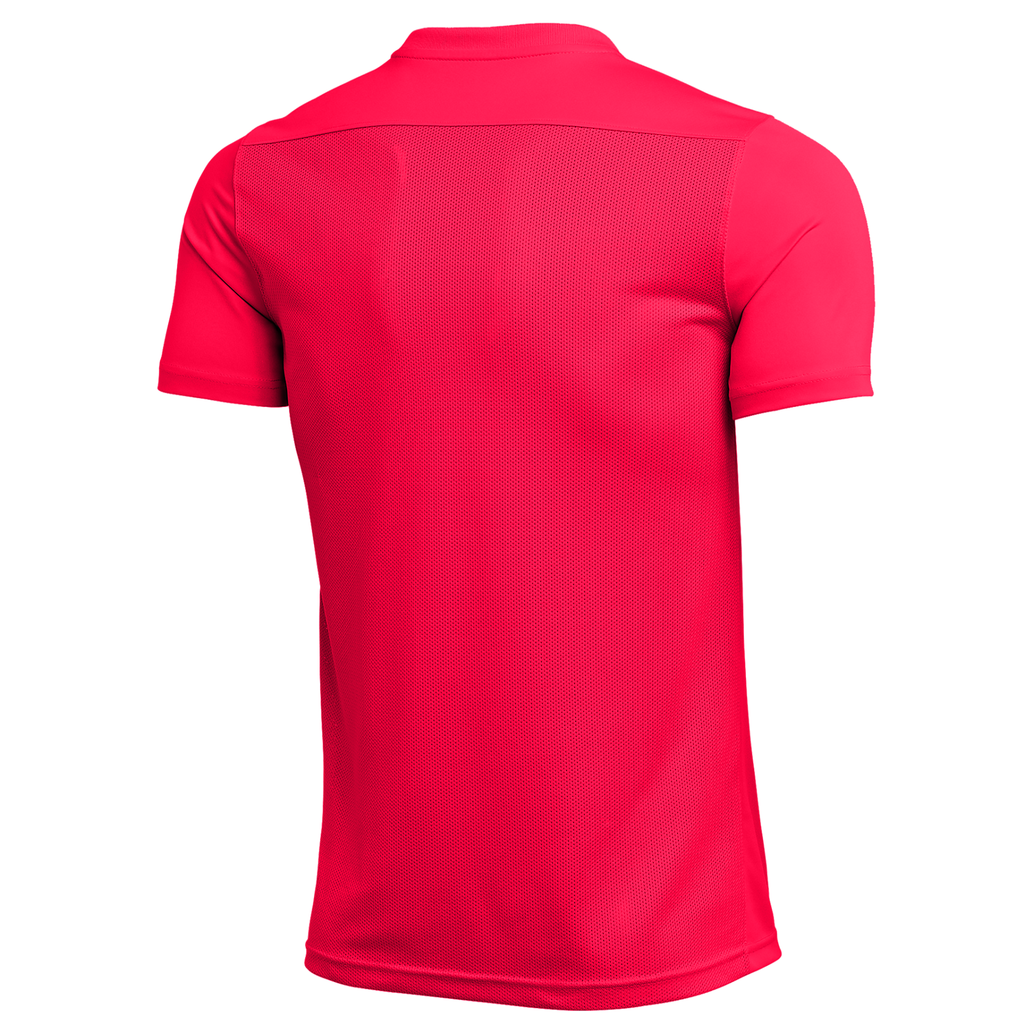 Back view of a vibrant pink short-sleeved athletic shirt featuring a mesh-textured back panel and smooth shoulder sections.