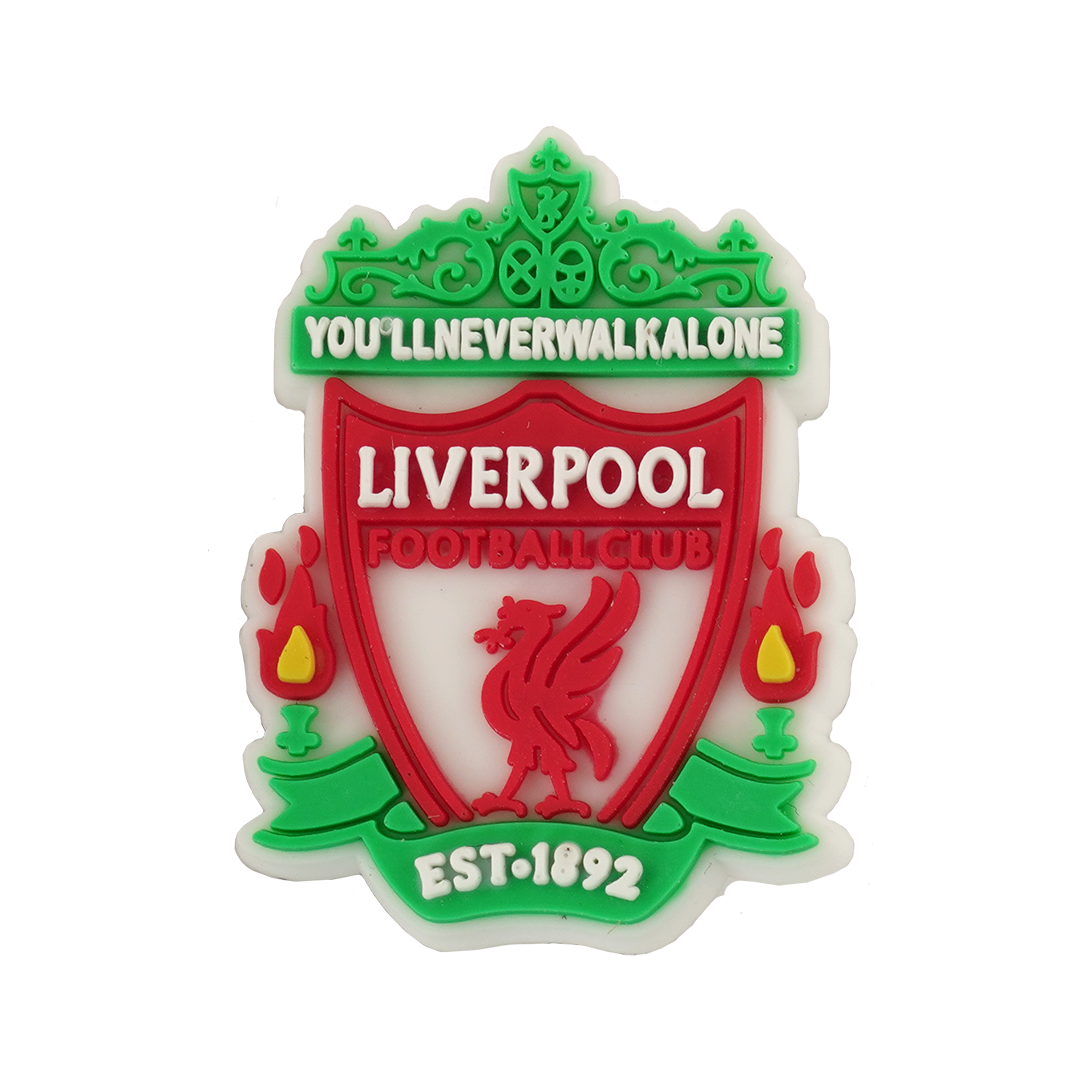 A Liverpool Football Club Soccer Croc Charm featuring the team's iconic crest in red and green, including the liver bird and "You'll Never Walk Alone" motto.
