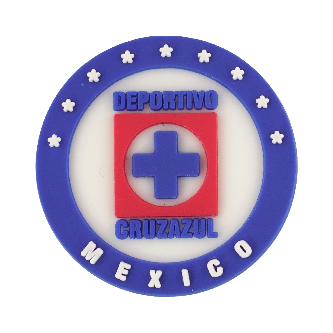 A soccer Croc charm featuring the Cruz Azul team logo, consisting of a blue cross inside a red square and white circle, bordered by a blue outer ring with white stars and "MEXICO" text.
