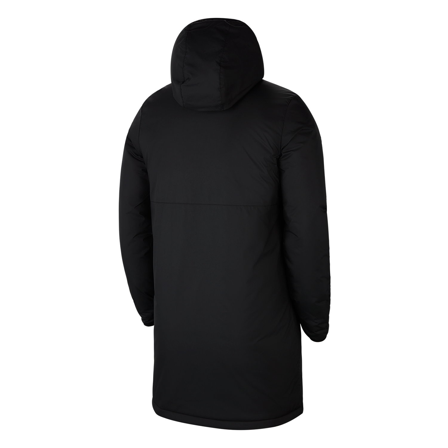 Back view of a long, black hooded parka with a horizontal seam across the middle, shown against a plain white background.