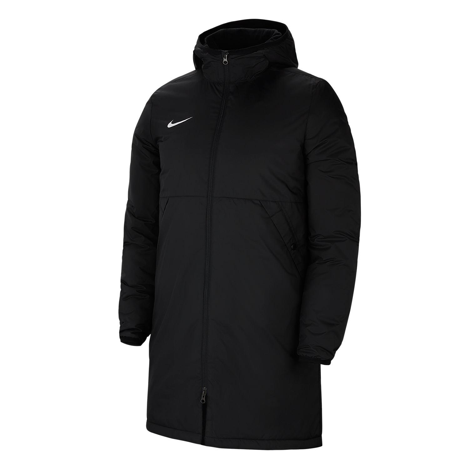 A long-length black Nike parka with a hood and a white swoosh logo on the chest.