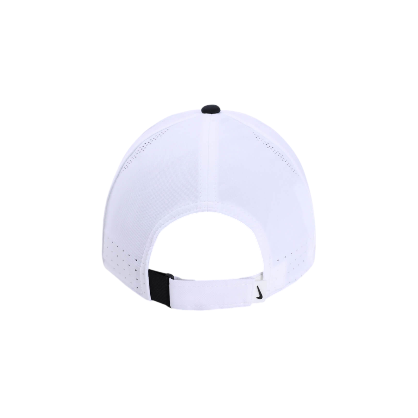 Back view of a white Nike baseball cap with perforated side panels, a black top button, and an adjustable strap featuring a small black swoosh logo.