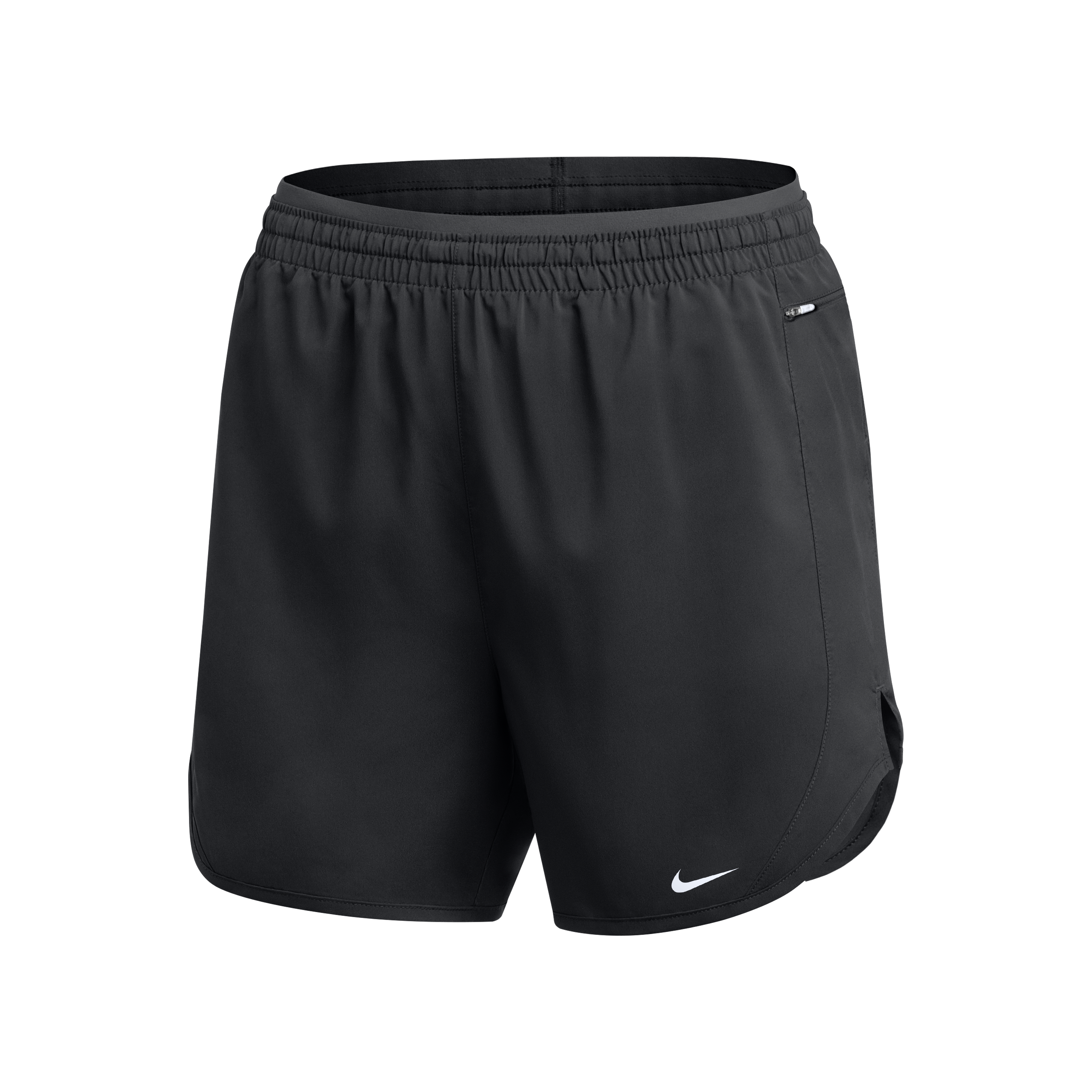 A pair of black Nike running shorts featuring an elastic waistband, a side zipper pocket, and a small white swoosh logo on the lower left leg.
